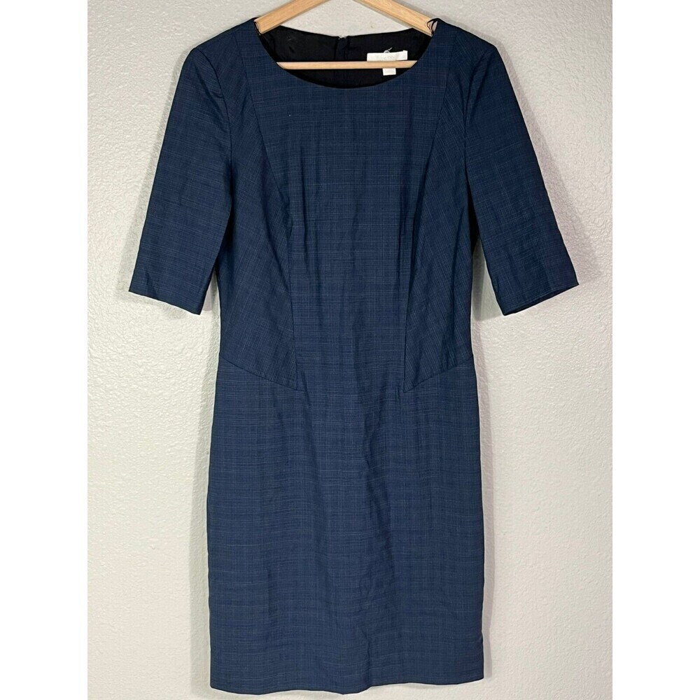 Hugo Boss Blue Plaid Midi Sheath Formal Business Dunal Dress Womens Sz 4 EUC N89